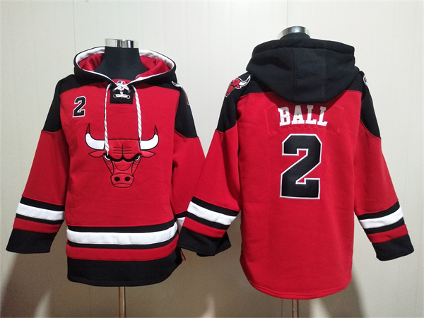 Men's Chicago Bulls #2 Lonzo Ball Red/Black Ageless Must-Have Lace-Up Pullover Hoodie